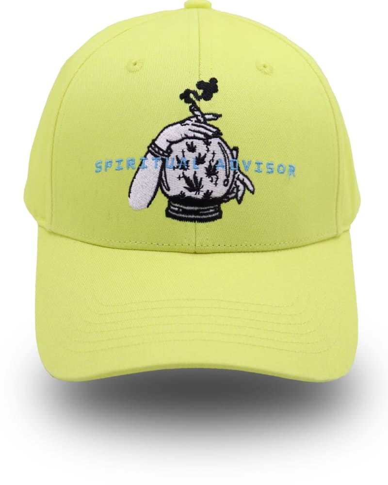 Front of a size one-size-fits-all Spiritual Advisor Baseball Cap in Yellow by BAST EAST. | dia_product_style_image_id:281920